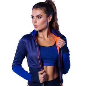 Women's Blue Athletic <b>Zip</b> <b>Up</b> <b>Jacket</b> with Orange Trim Long Sleeve Workout Running Gym Sportswear - Product Image 1
