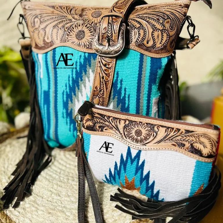 New Western Traditional Style Aztec Tooled Leather Handbag Women's Colourful Shoulder Bag And Wristlet Clutch Unique Combo Set