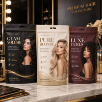 Sac d'emballage personnalisé de luxe pour extensions de cheveux, fermeture éclair à trois côtés, pochette de rangement en plastique haut de gamme imprimée sur mesure