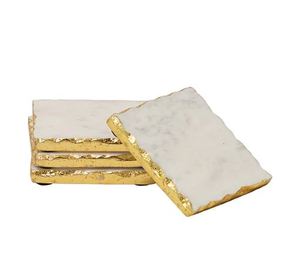 Set of 4 White <b>Marble</b> <b>Coasters</b> Artisan Craft with Gold Foiling Square Design Mats & Pads - Product Image 4