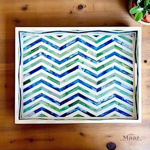 Plateau en incrustation d'os Design géométrique Chevron bleu vert fait à la main plateau de service décoratif décor à la maison de luxe en gros - Product Image 1