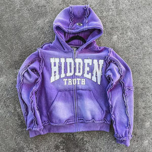 Sudadera con capucha de hombre con cremallera bordada con detalles de diamantes de imitación vintage lavados con ácido personalizado OEM con costuras desgastadas - Product Image 5