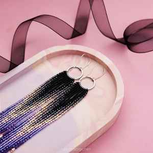 Handmade Ombre <b>Beaded</b> <b>Fringe</b> Earrings: Black Teal Gold - Product Image 3