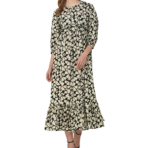 Sati Factory femmes été Maxi robe à manches longues col en v naturel à plusieurs niveaux Flare Design noir gris Paisley motif imprimé fleuri - Product Image 1