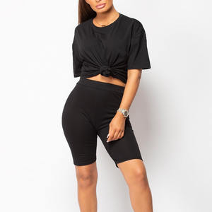 Nouveautés Vêtements d'été Ensemble t-shirt et short de détente pour femmes 100% coton tissu élasthanne fabriqué Ensemble short de cycliste et t-shirts pour femmes - Product Image 3