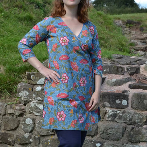 ชุดเดรสพิมพ์ลายดอกไม้สีเทอร์ควอยซ์สำหรับใส่ในสวนสไตล์ญี่ปุ่นทำมือสไตล์โบฮีเมียนวันหยุดฤดูร้อน - Product Image 1