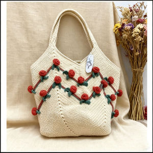 Lady Crochet Vintage Bohemian Style Tote Large-Capacity Open Closure Cotton Fashionable Two <b>Straps</b> <b>Shoulder</b> Beach Vacation Bag - Product Image 5
