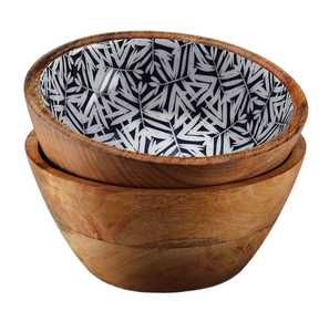 Bol de service en bois naturel, imprimé feuilles noir et blanc, émail à l'intérieur, plat rond pour salade, fruits, collations, vaisselle rustique, article de cuisine et de salle à manger - Product Image 1