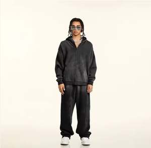 Ropa de fábrica Fabricantes logotipo personalizado peso pesado algodón polar Streetwear Unisex Oversize ácido lavado sudaderas con capucha pantalones conjunto hombres - Product Image 4