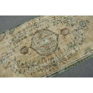 Tapis Turc Classique Vintage Beige Vert 4.3 X 8.2ft Laine Faite à la Main avec Support en Latex Motif Patchwork Rectangulaire pour Chevet - Product Image 4