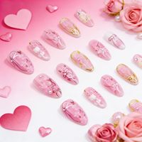 30 faux ongles à presser, forme amande moyenne, motif fleur rose pêche, avec strass 3D, perles et paillettes dorées, vente en gros