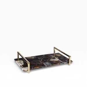 Bandeja Rectangular de Ágata Natural Blanca con Sutiles Capas de Cristal y Asas Decorativas de Hoja de Oro - Product Image 5