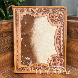 Multifunction Folder for Business Men & Women Zippered Hand Tooled Leather Portfolio With 3 Rings Folder Cowhide Binder Padfolio - Product Image 1