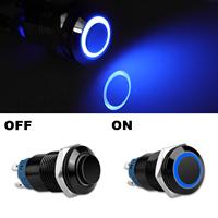 Sakelar ON/OFF 1NO1NC Tombol Tekan 12Mm 5A 12VDC dengan Lampu Cincin LED Biru Tahan Air Sakelar Tombol Tekan Menempel