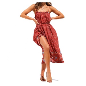 Red Boho Floral Chiffon Midi Dress <b>Spaghetti</b> <b>Strap</b> High Slit Asymmetrical Hem Loose Fit Summer Casual Women's Rajasthan - Product Image 1