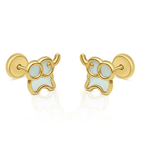 Boucles d'oreilles en or jaune 14 carats avec figurines d'animaux en peluche, représentant un éléphant avec MOP à l'intérieur, 7x8 mm
