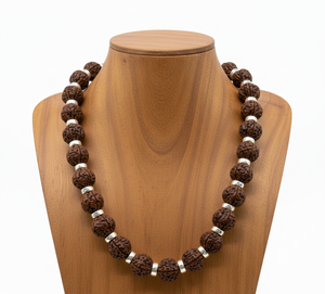 Women's 18-Inch Natural Rudraksha Stone <b>Beaded</b> Necklace Tibetan Silver 10K Gold Plated Geometric Design Trendy Gift Hand-made - Product Image 3