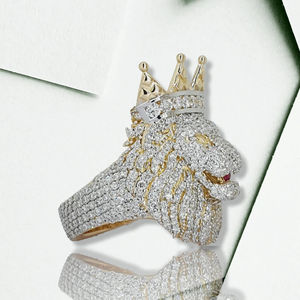 Collier pendentif tête de lion couronne royale luxueuse en or 18 carats, style hip-hop, avec anneau entièrement serti de cristaux brillants - Product Image 4