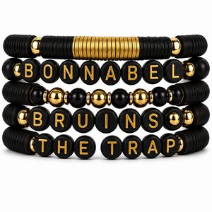 Custom Brass <b>Beaded</b> Bohemia <b>Bracelet</b> Set Black <b>Gold</b> Plated Letter Charm Elastic Stackable Jewelry Gift - Product Image 1