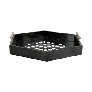 Plateau de service décoratif en métal noir moderne avec poignées, base géométrique avec plateau en acrylique pour les collations, décoration de table, utilisation à domicile - Product Image 4