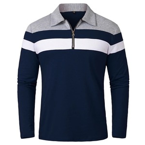 Polo à manches longues en tricot rayé bleu et blanc pour homme, fermeture éclair, sportif, séchage rapide, coupe classique - Product Image 2