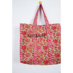 Eco Friendly <b>Floral</b> Cotton Lightweight <b>Beach</b> Shopping Bag Handmade Block Print Quilted <b>Tote</b> Bag with Handy Inside Pocket - Product Image 3