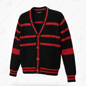 Cardigan en tricot rayé noir et rouge pour femme, manches longues, décontracté, style sororité, fermeture boutonnée, 100% acrylique - Product Image 1