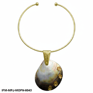 Mother of Pearl Shell Pendant <b>Necklace</b> Handcrafted Gold Torque Choker with Floral Accents Iridescent MOP <b>Statement</b> Jewelry - Product Image 3