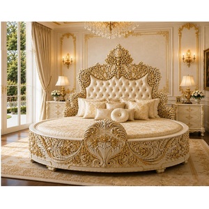 Cama Redonda King Size de Madera Maciza Tallada en Dorado, Estilo Palacio Real Moderno, con Acabado Blanco Dorado, Muebles de Dormitorio de Lujo - Product Image 1