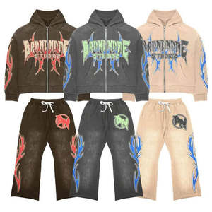 Trendy Distressed Puff Printed Men's Zip up Hoodie Flared Pants Tracksuit 2 Piece Set Unisex Fleece Zipper Hoodie & <b>Trouser</b> Set - Product Image 5