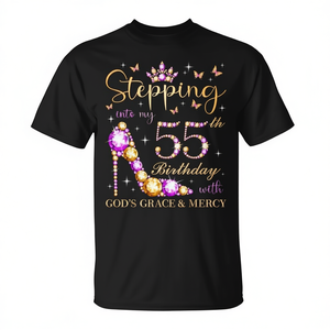 T-shirt con stampa digitale a maniche corte girocollo unisex per adulti con scritta "Stepping Into My 55th Birthday With God's Grace Mercy" - Product Image 2
