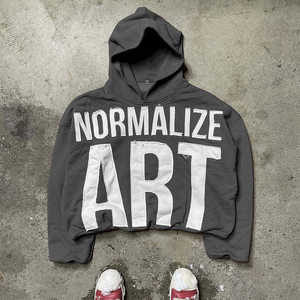 Sweat à capuche court personnalisable en coton éponge français vintage pour hommes impression en détresse Logo brodé hiver 3D sweats unis - Product Image 4