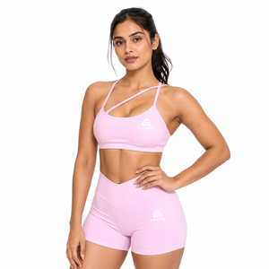 Womens <b>Pink</b> Crisscross Straps High Support Sports Bra High Waist Shorts <b>Set</b> | Yoga Activewear 2-Piece Custom Logo - Product Image 1