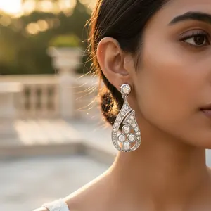 Boucles d'oreilles élégantes en argent pour femmes, forme goutte d'eau, avec diamants, accessoire de bijouterie haut de gamme - Product Image 2