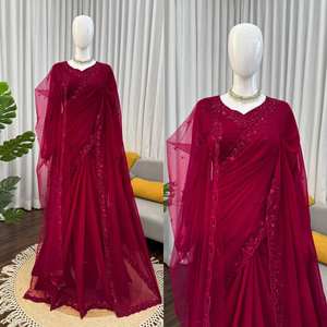 ผ้าส่าหรีอินเดียแบบดั้งเดิม ผ้าไหมเนื้อนุ่ม สวยงาม งานปักดิ้นทองแบบดั้งเดิม ขอบผ้าปักลายฉลุ เหมาะสำหรับงานแต่งงานและงานเลี้ยง - Product Image 2