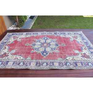 Alfombra de 5.9x9.5 pies, Alfombra Turca Vintage, Alfombra de Lana Roja y Azul Estilo Suroeste - Product Image 3