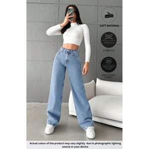 JEANS À JAMBES LARGES Luxe Bleu Glacé Plaqué Denim Extensible Tissu Écologique Durable Taille Haute Tailles 26-40 OSCA INTERNATIONAL - Product Image 4