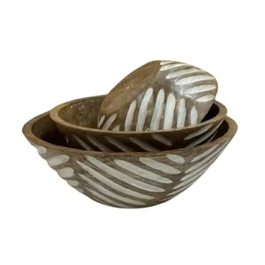 Bols en bois de manguier sculptés à la main Wave Design Bol en bois blanc antique SET de 3 pour salade Chips & Decor Utilisation à bas prix d'usine - Product Image 1