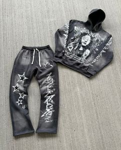 Screen Printing Streetwear Free Sample Raw Hem Cropped Hoodie Stacked Flared Sweatpants Tracksuit <b>for</b> <b>Men</b> - Product Image 3