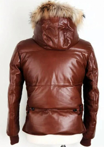 Veste d'hiver pour homme en cuir marron matelassée avec capuche, en toile coupe-vent, respirante et écologique pour les saisons froides - Product Image 3