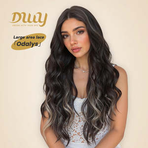 Odalys -DWY Nueva Llegada 134 Peluca de Encaje Frontal con Parte Libre, Larga y Rizada, Marrón Natural con Reflejos Blancos, Peluca de Bebé en Oferta - Product Image 1