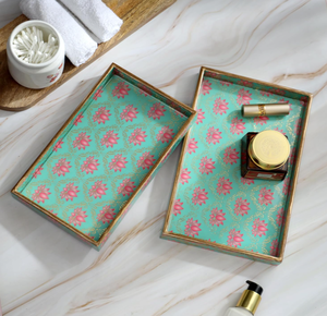 Ensemble de plateaux en émail en bois de carreaux dorés bleus fabriqués à la main pratique jetable avec poignées en bois pour la décoration intérieure et le service de nourriture - Product Image 2