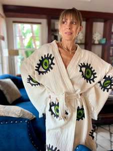 Handcrafted Natural Cotton Printed <b>Kimono</b> Robe Cozy Blanket Maxi Housecoat <b>Long</b> Fringe-Trim Sleeves Classic Loungewear Sweet - Product Image 5