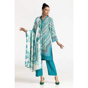 Traje de 3 Piezas para Mujer, Color Azul, Estampado Karandi, con Decoración de Botones - Product Image 1