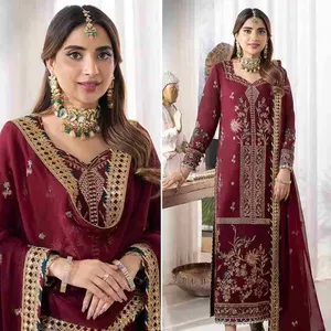 インドとパキスタンの服に含まれているトップと鈍いサンテンパンツデュパッタを備えた卸売ファンシーフェイクジョーゼットサルワールスーツ