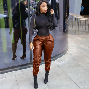 Cintura ahueca hacia fuera Color negro de longitud completa Casual moda mujer pantalones de cuero - Product Image 5