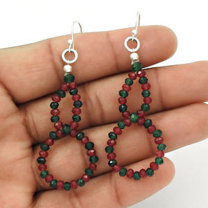 Ruby Emerald Gemstone Beaded Beaded <b>Earring</b> 925 Sterling <b>Silver</b> Custom Size Women Handmade <b>Dangle</b> Gemstone Beaded Hoop <b>Earrings</b> - Product Image 2