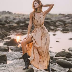 Robe longue 100% rayonne tie-dye robe sans manches taille libre longue vêtements de plage une pièce licou cou ceinture robe d'été dos nu - Product Image 2