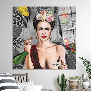 Obra de arte impresa en lienzo: Arte de Frida Kahlo con motivos de humo, taza de té, vitral, arte en vidrio templado - Product Image 1
