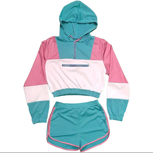 Waterproof Polyester Hooded Collar Half Zipper Spring Summer 2 Piece Set Block Print Outdoor Windbreaker Shorts Set Plus Size - Product Image 3